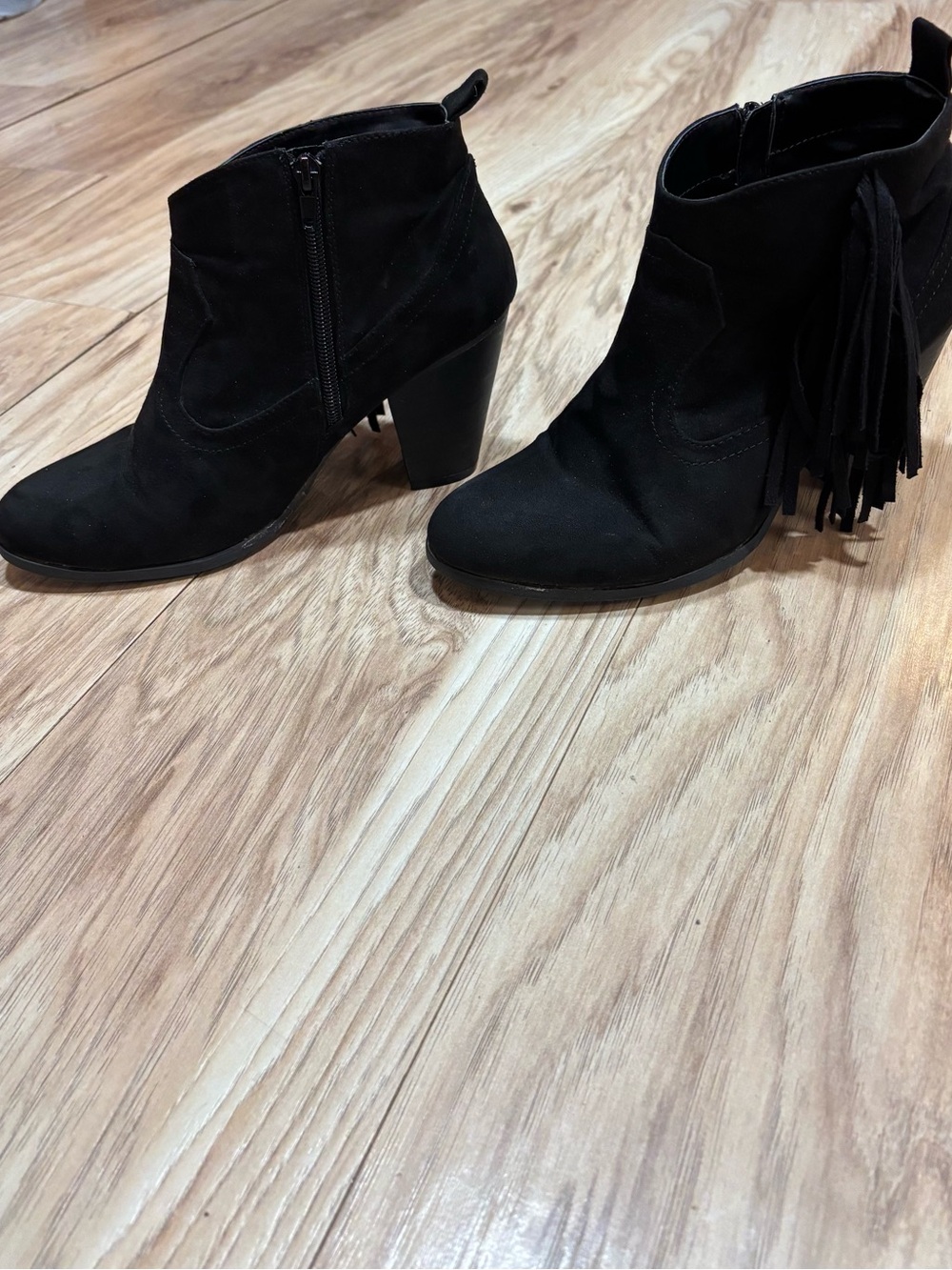 Women's Black Suede Fringe Ankle Boots by Quipid- Stylish Block Heel Size 9.